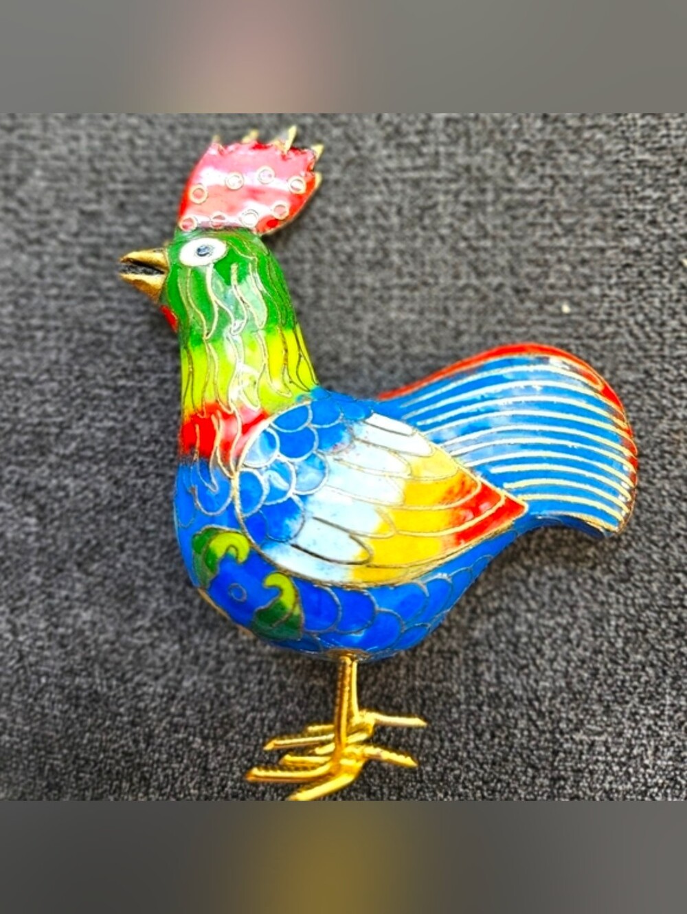 ENAMEL PAINTED METAL STANDING ROOSTER - Vintage Cloisonne` Style